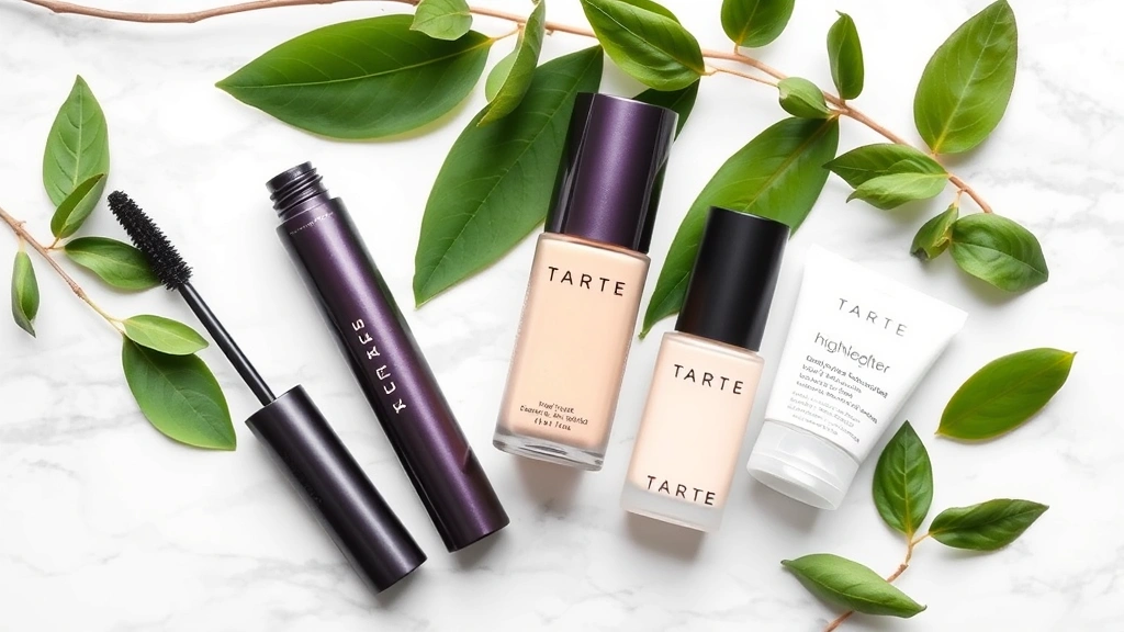 Flat lay arrangement of Tarte makeup products including mascara, highlighter, and primer bottles on marble surface with fresh botanical elements like green leaves