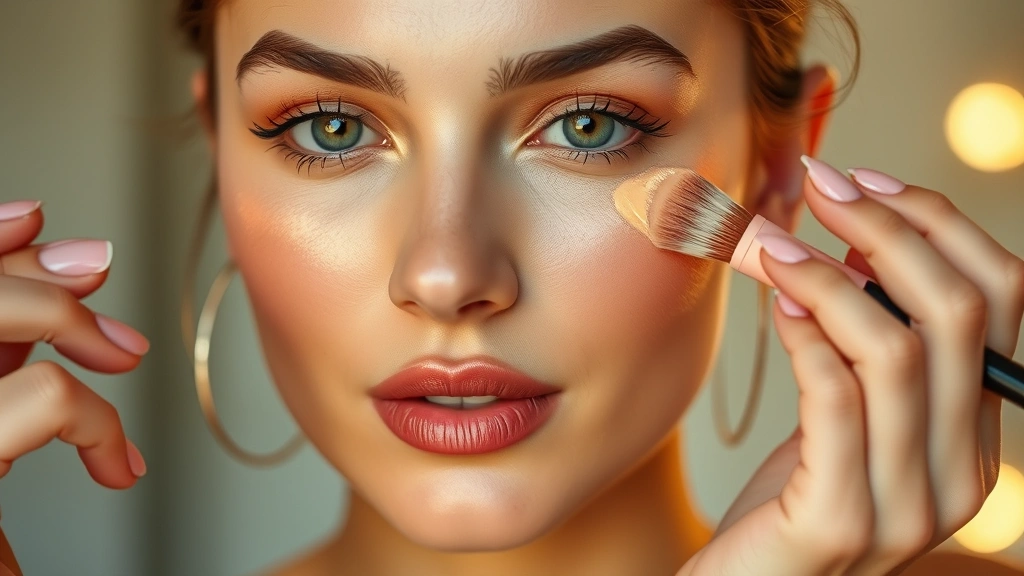 Woman with glowing skin applying liquid highlighter to cheekbones with brush, warm golden lighting, showing radiant finish without glitter appearance