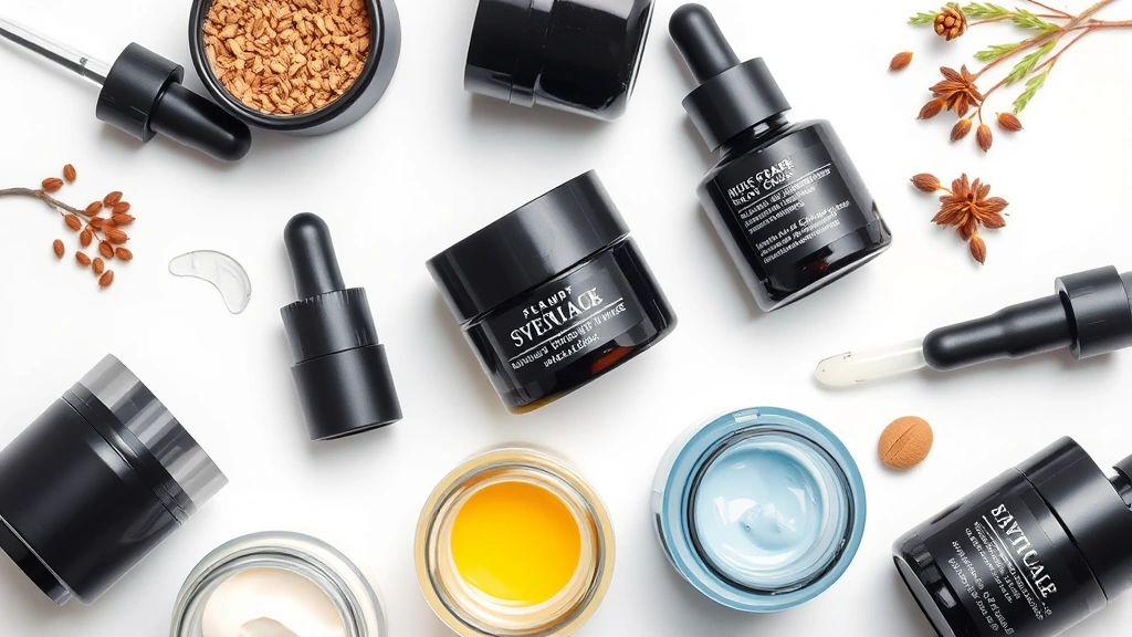 Overhead flat lay of various night cream jars and bottles with droppers, ceramic ingredients visible, spa-like aesthetic, clean white background, professional skincare product photography