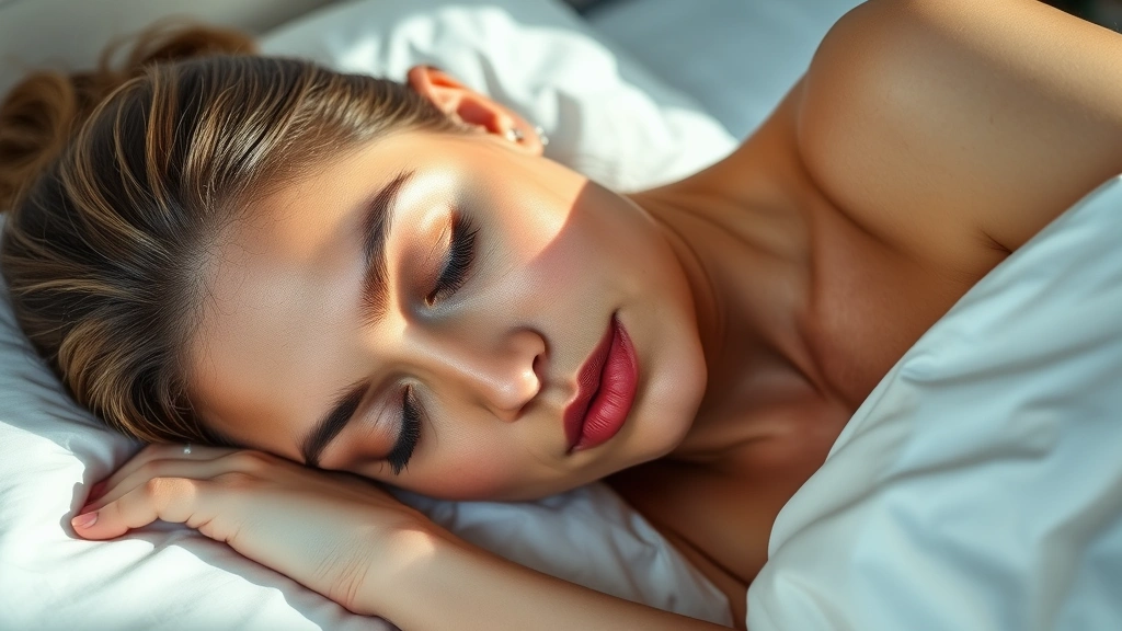 Woman sleeping peacefully on silk pillowcase with visibly dewy, hydrated skin, soft morning light, showing results of overnight skincare, natural glowing complexion, photorealistic beauty