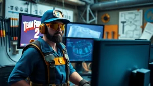 Professional gaming setup with multiple monitors displaying Team Fortress 2, blue Engineer character with golden wrench customized cosmetics visible, mechanical workshop background with tools and blueprints, photorealistic lighting and atmospheric depth