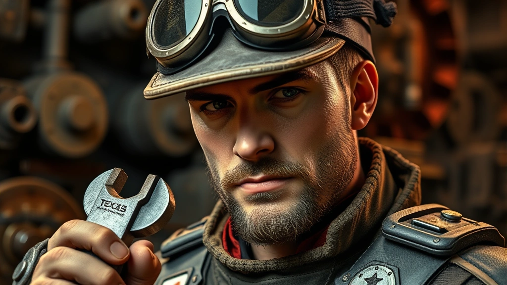 Close-up of Engineer character wearing Texan's Ten Gallon hat with Graybanns goggles, Armored Authority chest piece, holding wrench, industrial workshop setting with gears and machinery, dramatic lighting highlighting cosmetic details and metallic textures