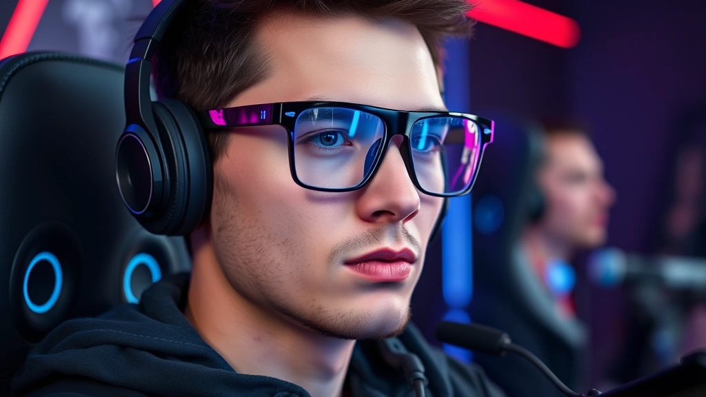 Professional gamer at high-end gaming setup with RGB lighting, wearing blue light glasses, face showing healthy glowing skin with good complexion, realistic studio lighting, close-up of face and gaming peripherals
