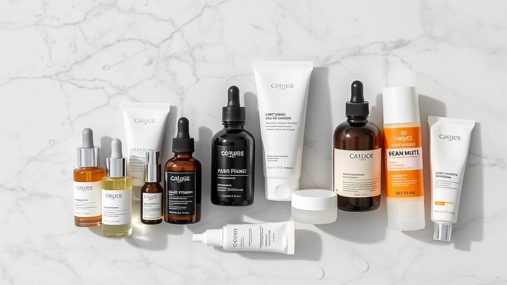 Organized skincare product collection including serums, moisturizers, and sunscreen bottles arranged aesthetically on marble surface with water droplets, natural diffused lighting, beauty photography style