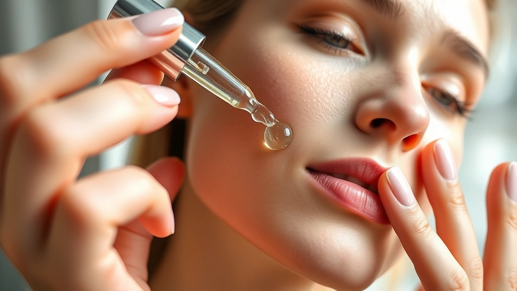 Person applying facial serum with dropper to dewy, hydrated skin, hands visible with manicure, soft natural window lighting, skincare routine demonstration, close-up macro photography of product absorption