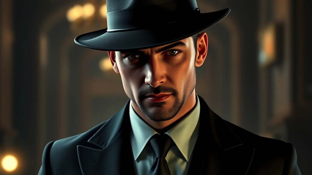 Professional male spy character in elegant black suit and hat, sophisticated facial features, gaming aesthetic, cinematic lighting, refined gentleman appearance