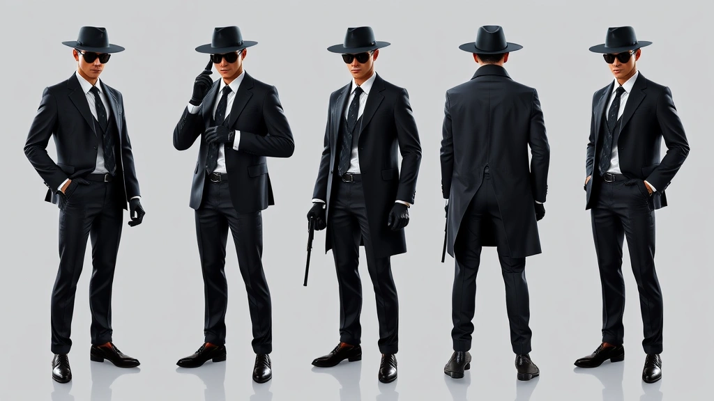 Complete spy character cosmetic loadout showcase, full-body gaming character in formal attire with coordinated accessories, polished appearance, professional photography
