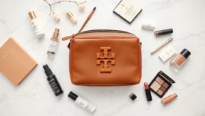 Flat lay overhead of luxury Tory Burch cosmetic bag in cognac leather with gold hardware, surrounded by high-end skincare bottles and makeup products artfully arranged on white marble surface