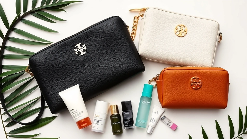 Styled flatlay featuring three different Tory Burch cosmetic bags in varying sizes and colors—black leather, cognac, and cream—displayed with luxury beauty essentials and skincare items