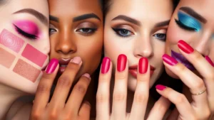 Close-up of diverse skin tones swatching vibrant vegan eyeshadow palettes and pigmented lipsticks on hands, showing rich color payoff and blendability without animal-derived ingredients