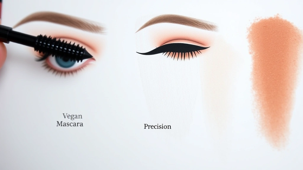 Beauty swatch display showing vegan mascara application on lashes, liquid eyeliner precision application, and blended eyeshadow in warm and cool tones demonstrating professional makeup results