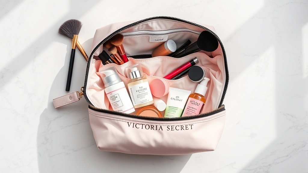 Professional flat-lay photography of an open Victoria Secret cosmetic bag displaying organized makeup brushes, skincare bottles, and beauty products neatly arranged in compartments, soft natural lighting on white marble surface
