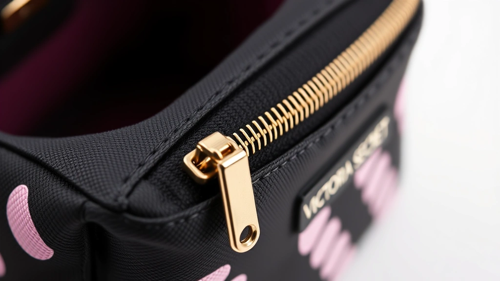 Close-up detail shot of Victoria Secret cosmetic bag exterior showing high-quality polyester fabric texture, metal zipper hardware, and reinforced stitching, professional product photography style