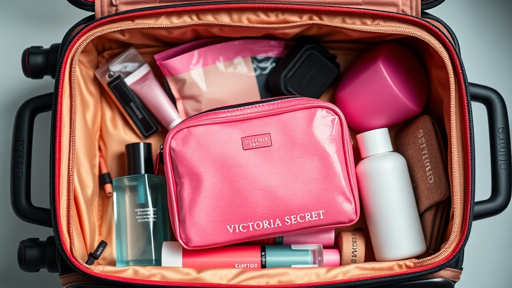 Packed Victoria Secret cosmetic bag positioned inside an open suitcase with travel essentials, demonstrating size and practical storage integration for travel scenarios, bright studio lighting
