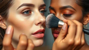 Professional makeup artist applying Vima foundation with brush on diverse skin tone, natural lighting, close-up of blended base