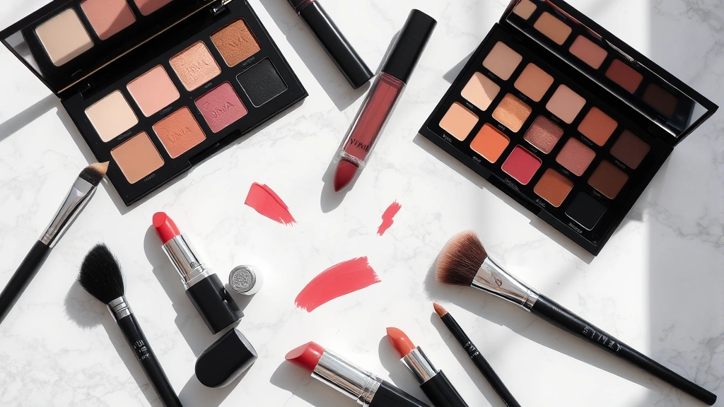 Flat lay arrangement of Vima eyeshadow palettes, lipsticks, and brushes on marble surface with soft shadows, editorial beauty photography