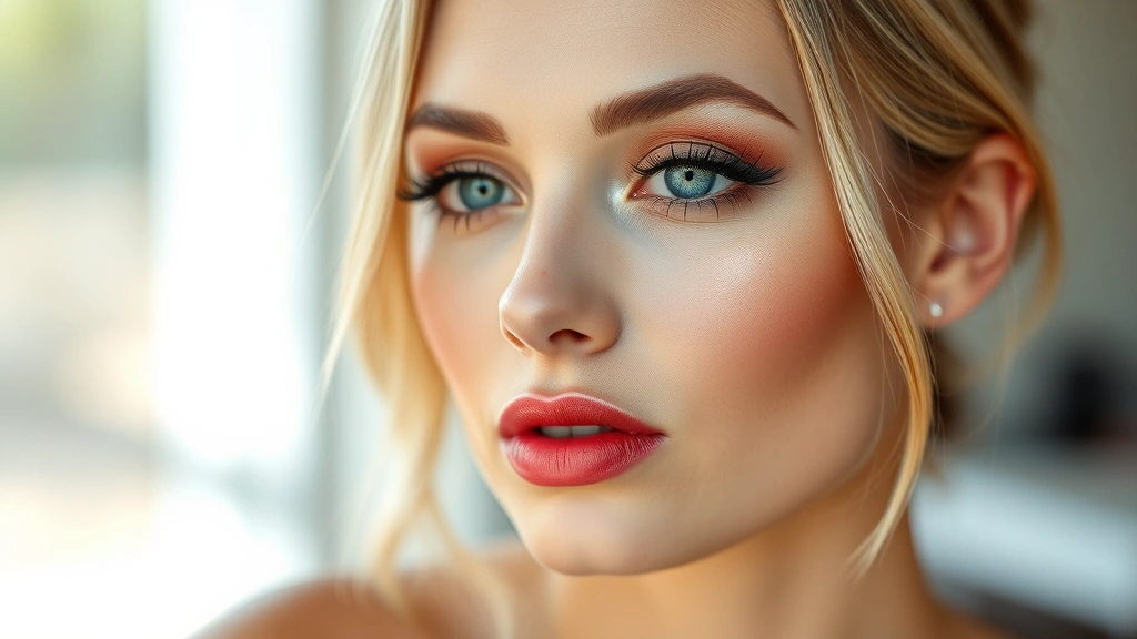 Woman with completed Vima makeup look including eyeshadow, mascara, and lipstick, natural lighting, professional beauty photography