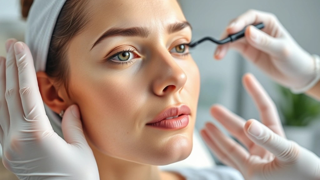 Close-up of a woman's face during a professional skincare consultation in a modern dermatology clinic, with soft natural lighting and calming aesthetic, showing discussion of facial proportions and treatment planning