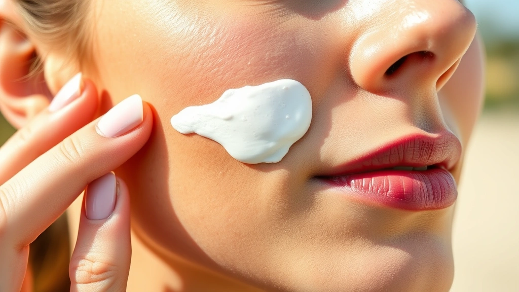 Detailed close-up of proper sunscreen application on a woman's face outdoors, showing sun protection and post-operative skin health with natural daylight and healthy, glowing complexion