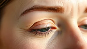 Close-up of a woman's eye area showing fine lines and crow's feet, professional skincare photography with natural lighting highlighting delicate under-eye skin texture and aging signs