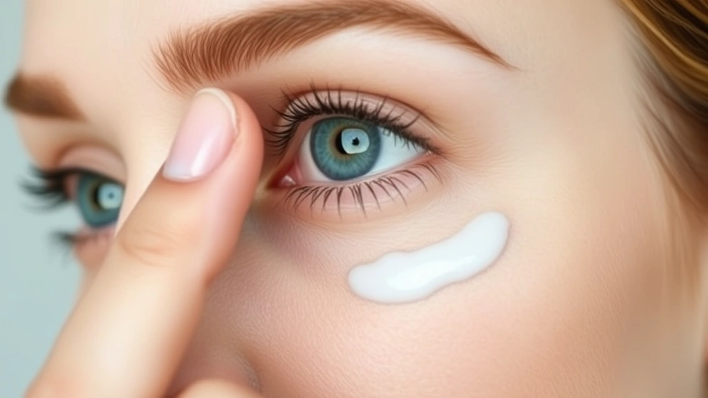 Luxurious eye cream texture being applied with fingertip to the orbital bone area around a woman's eye, demonstrating proper gentle application technique with ring finger