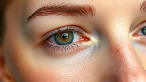 Close-up of woman's under-eye area showing dark circles before treatment, natural lighting, detailed skin texture visible, no makeup