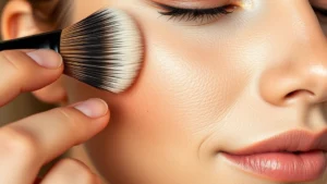 Close-up of a woman applying wheat-free liquid foundation with a brush, showing smooth, flawless skin application on cheek, natural daylight, professional makeup look