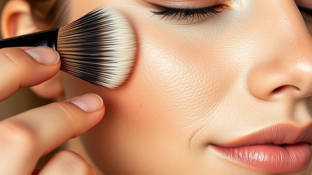Close-up of a woman applying wheat-free liquid foundation with a brush, showing smooth, flawless skin application on cheek, natural daylight, professional makeup look