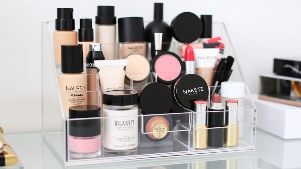 Organized cosmetic collection displayed in a clear acrylic organizer with various makeup products including foundations, powders, and lipsticks, minimalist aesthetic