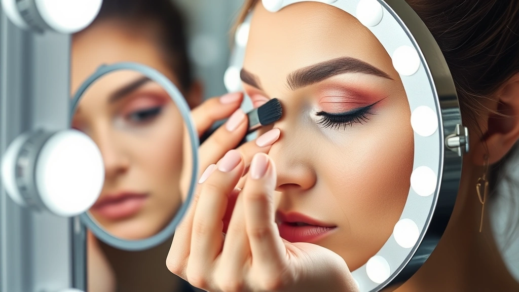Professional makeup artist applying eyeshadow using a brightly lit cosmetic mirror with 5x magnification, showing detailed precision work with neutral LED lighting reflecting on face