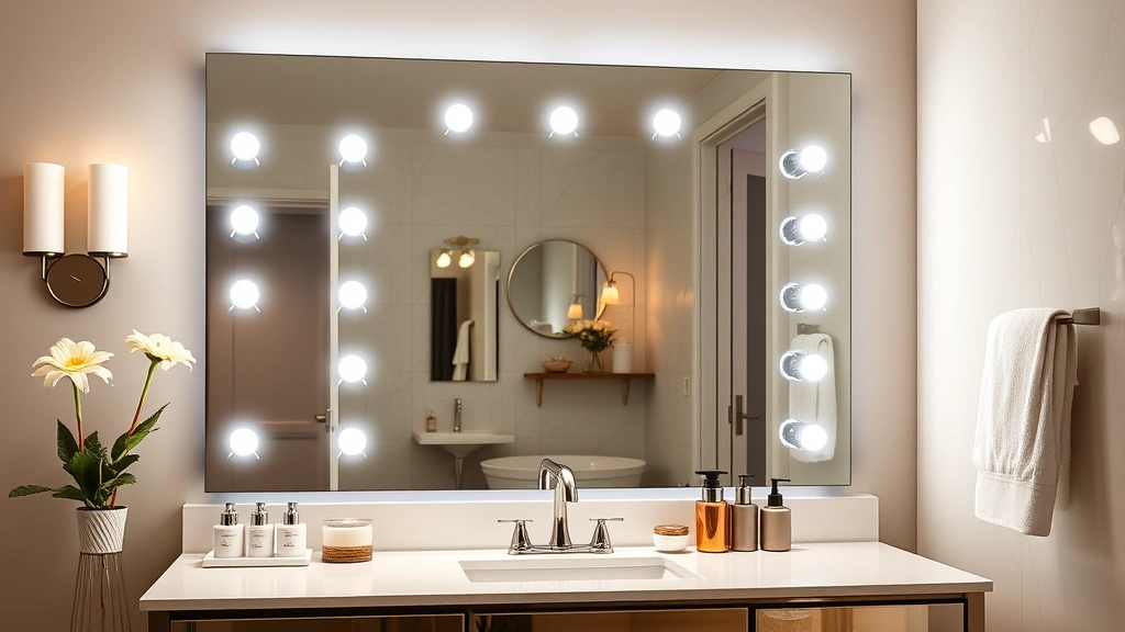 Luxury vanity mirror setup with Hollywood-style LED lighting, showing dual magnification sides, adjustable brightness control, and professional-grade construction in elegant bathroom
