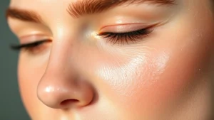Close-up of dewy, glowing skin with primer applied, showing hydrated complexion with natural luminosity, no visible dryness or texture, soft diffused lighting highlighting skin radiance