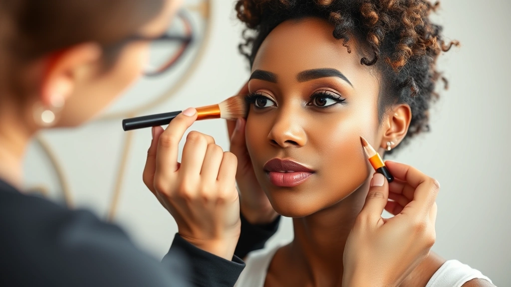 Professional makeup artist applying full-coverage foundation to a diverse woman's face with a makeup brush, showcasing flawless base application in natural lighting