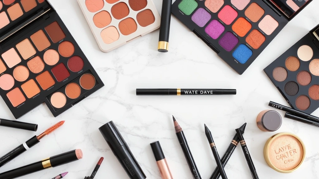 Array of colorful eyeshadow palettes, mascaras, and eyeliner products arranged artfully on a white marble surface with soft diffused lighting