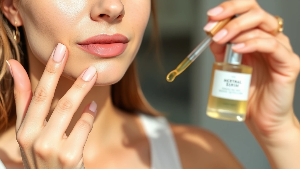 Woman applying hydrating serum to her face with fingertips, showing skincare routine step with dewy, healthy-looking skin and natural morning light