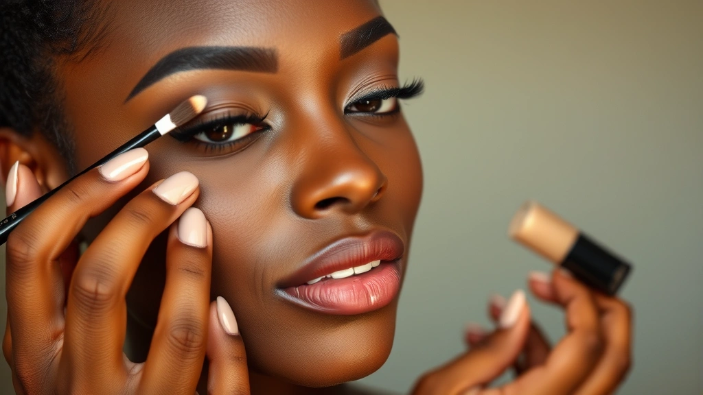 Professional makeup application on deep skin tone using foundation and concealer from black-owned cosmetic brands, showing flawless coverage and natural finish with warm lighting