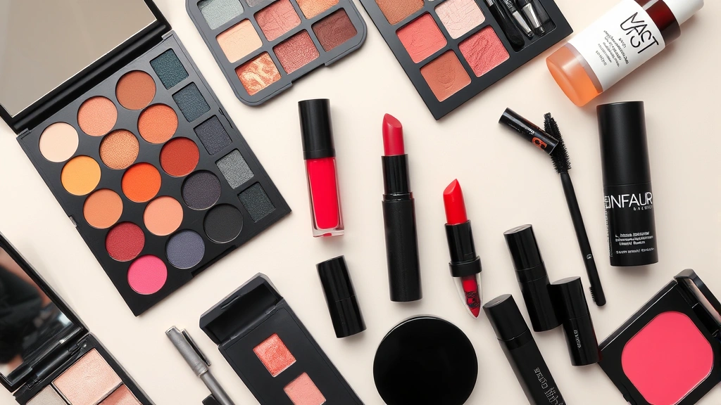 Flat lay arrangement of black-owned cosmetic products including eyeshadow palettes with vibrant pigments, liquid lipsticks in bold colors, mascaras, and skincare items on neutral background