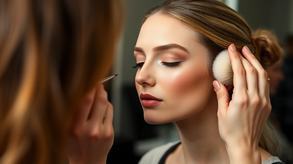 Makeup artist applying MAC blush with fluffy brush on model's cheekbones, demonstrating blending technique and natural flush result