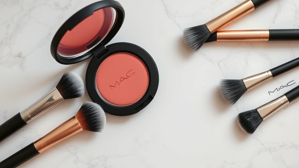 Flatlay of MAC blush compact with mirror and professional makeup brushes on marble surface, luxury cosmetics composition