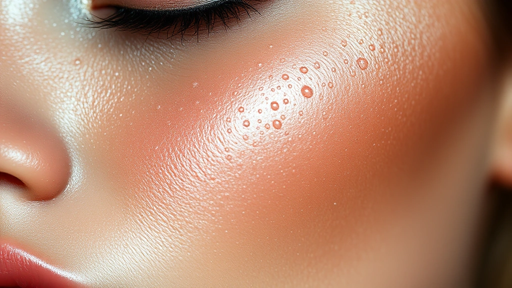 Close-up of dewy, luminous skin with water droplets, natural lighting highlighting skin texture and radiance, no makeup visible