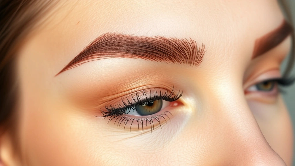Close-up of woman's face showing perfectly shaped and filled eyebrows with warm brown brow cosmetics, professional makeup application, natural lighting, clear skin visible, eyebrow detail focus