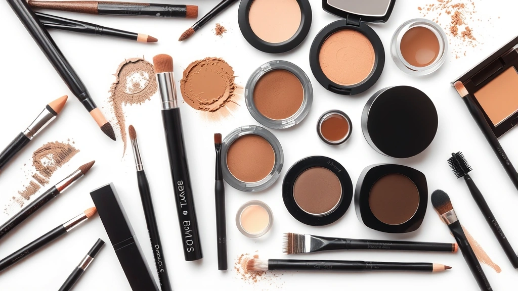 Flat lay arrangement of various eyebrow makeup products including pencils, powders, gels, and brushes in different shades from blonde to dark brown, organized on white background, professional beauty photography