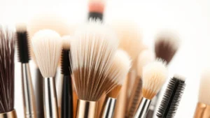 Close-up of professional makeup brush bristles in various shapes and densities, showing synthetic taklon and natural goat hair textures, soft lighting highlighting bristle quality and ferrule construction