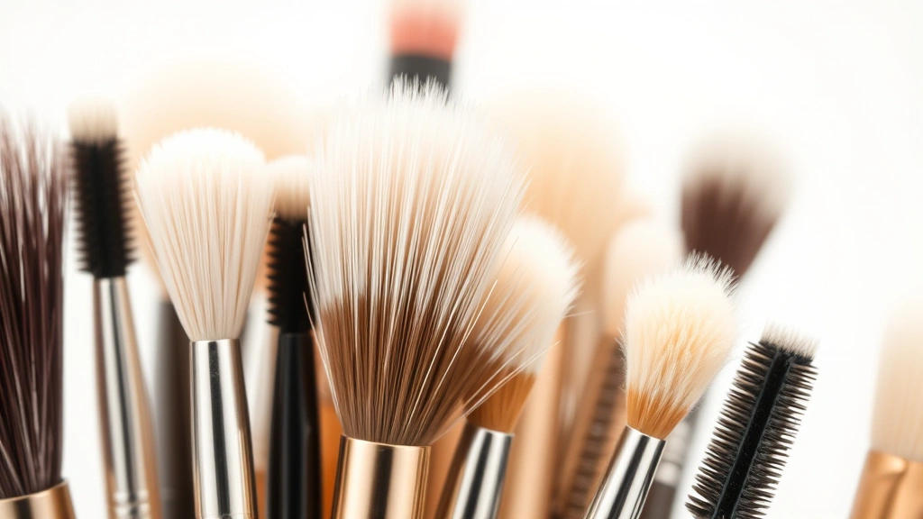 Close-up of professional makeup brush bristles in various shapes and densities, showing synthetic taklon and natural goat hair textures, soft lighting highlighting bristle quality and ferrule construction