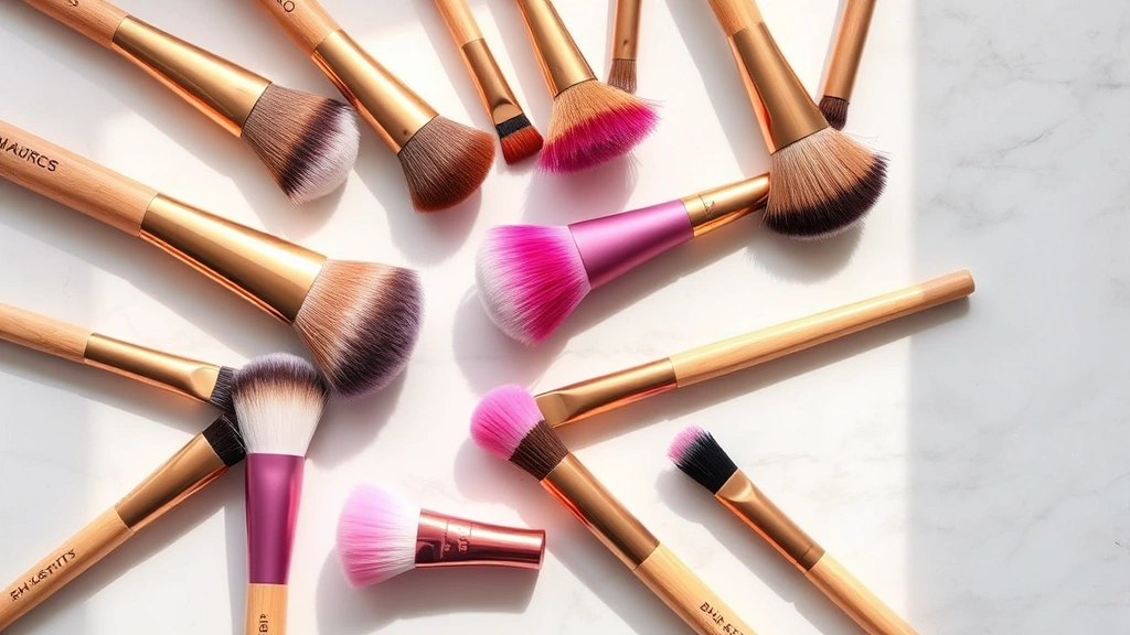 Flat lay arrangement of colorful BH Cosmetics brushes with wooden handles displaying different brush sizes and shapes on a marble surface with soft natural lighting, no packaging visible