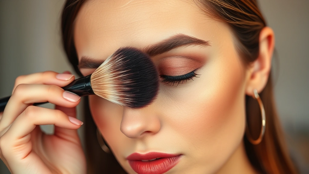Woman applying eyeshadow with precision using a fluffy blending brush, demonstrating technique and bristle performance with warm lighting and clear skin focus, no text or labels