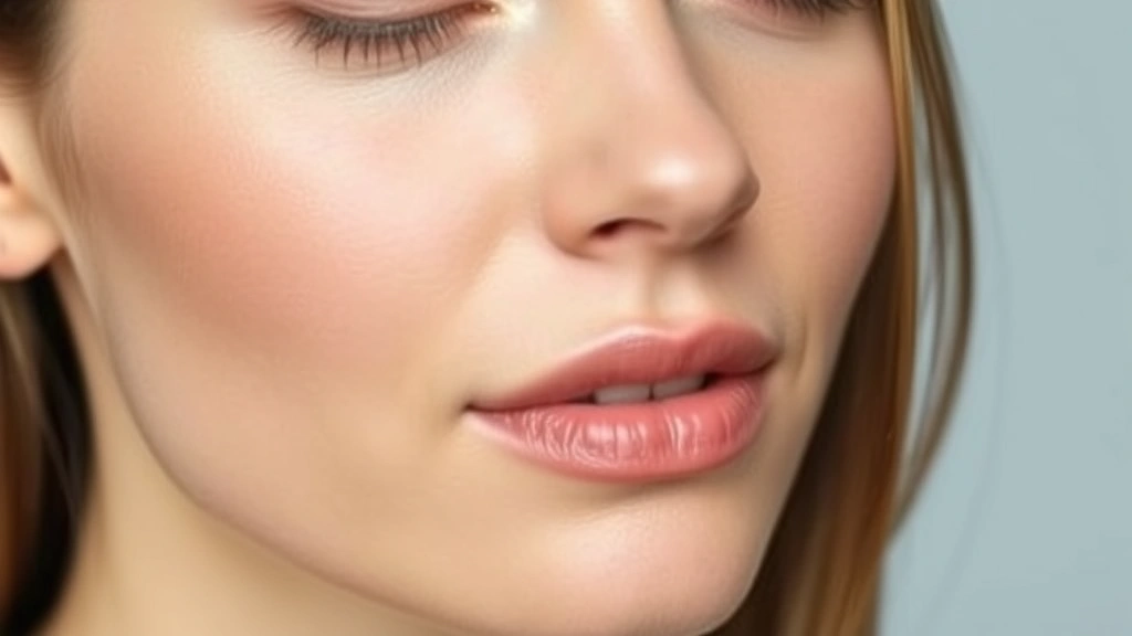 Close-up of woman's face showing refined facial features and smooth skin texture after cosmetic enhancement, professional studio lighting, natural makeup, confident expression