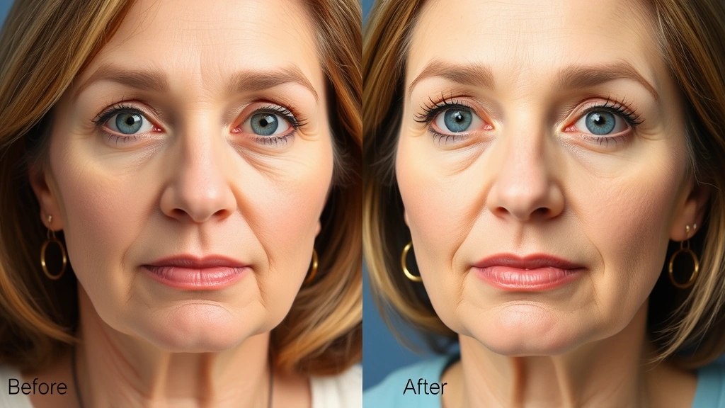 Before and after split-screen showing facial rejuvenation results with improved jawline definition, reduced wrinkles, and refreshed appearance, professional cosmetic surgery documentation style