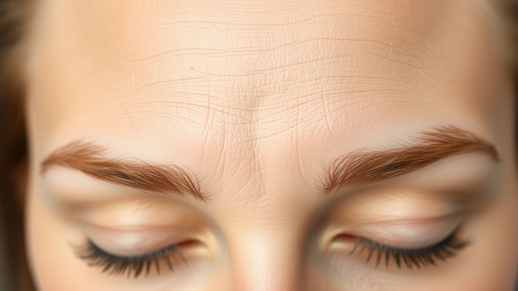 Close-up of a woman's forehead and upper face showing natural skin texture, no wrinkles visible, soft professional lighting, calm relaxed expression, bare skin without makeup