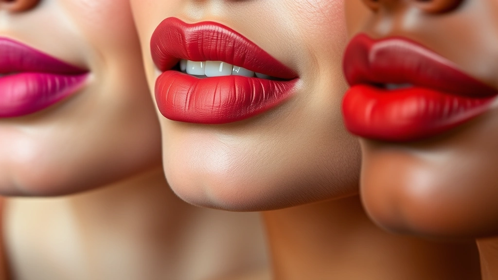 Close-up of diverse lip swatches showing vibrant matte lipstick colors on various skin tones, natural daylight, photorealistic texture detail